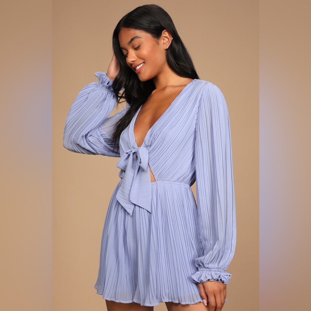 Lulus Just as Sweet Light Blue Pleated Tie-Front Long Sleeve Romper